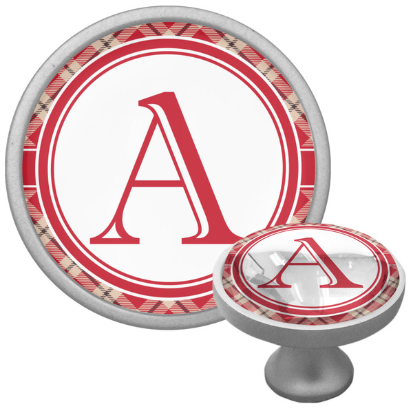 Custom Red & Tan Plaid Cabinet Knob (Silver) (Personalized)
