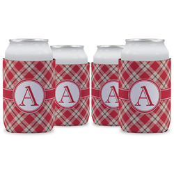 Red & Tan Plaid Can Cooler (12 oz) - Set of 4 w/ Initial