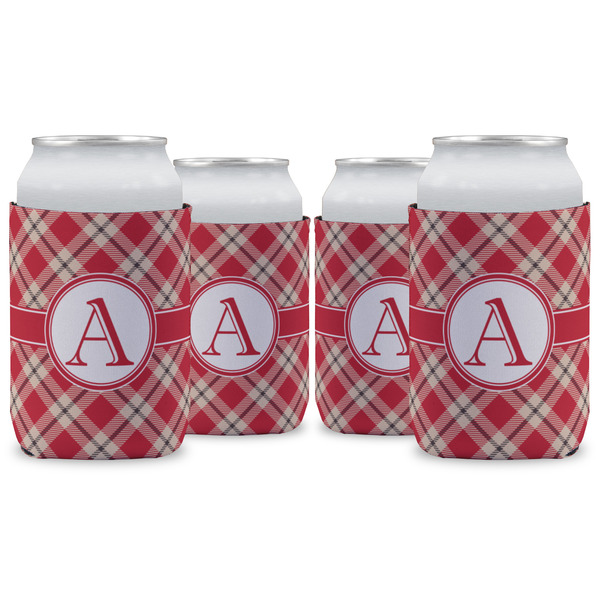 Custom Red & Tan Plaid Can Cooler (12 oz) - Set of 4 w/ Initial