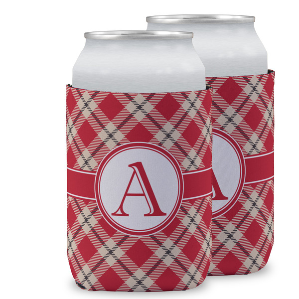 Custom Red & Tan Plaid Can Cooler (12 oz) w/ Initial