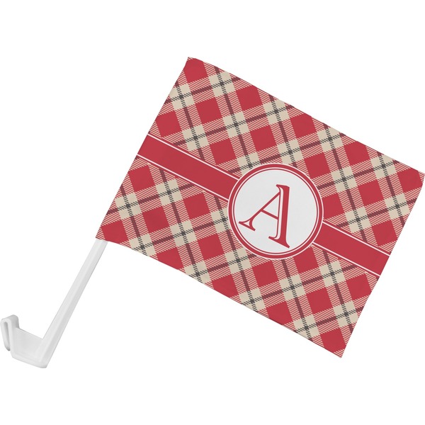 Custom Red & Tan Plaid Car Flag - Small w/ Initial