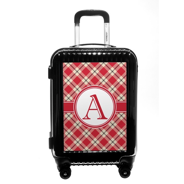 Custom Red & Tan Plaid Carry On Hard Shell Suitcase (Personalized)