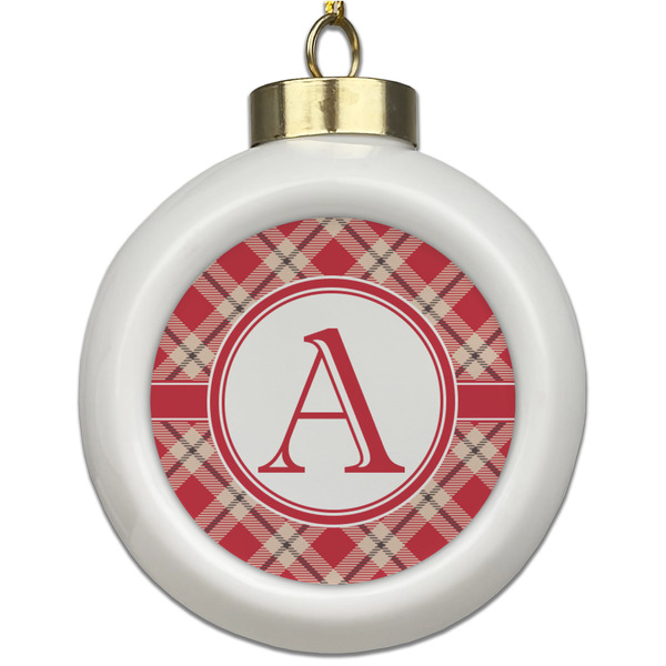 Custom Red & Tan Plaid Ceramic Ball Ornament (Personalized)