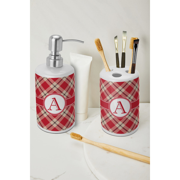 Red & Tan Plaid Ceramic Bathroom Accessories - LIFESTYLE (toothbrush holder & soap dispenser)