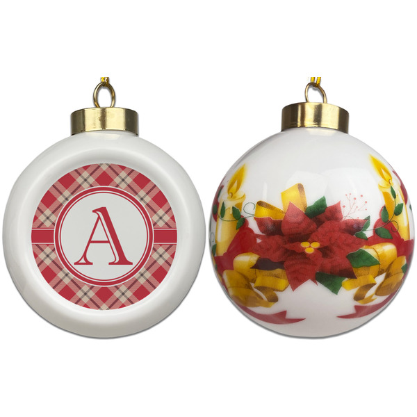 Red & Tan Plaid Ceramic Christmas Ornament - Poinsettias (APPROVAL)