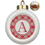 Red & Tan Plaid Ceramic Ball Ornaments - Poinsettia Garland (Personalized)