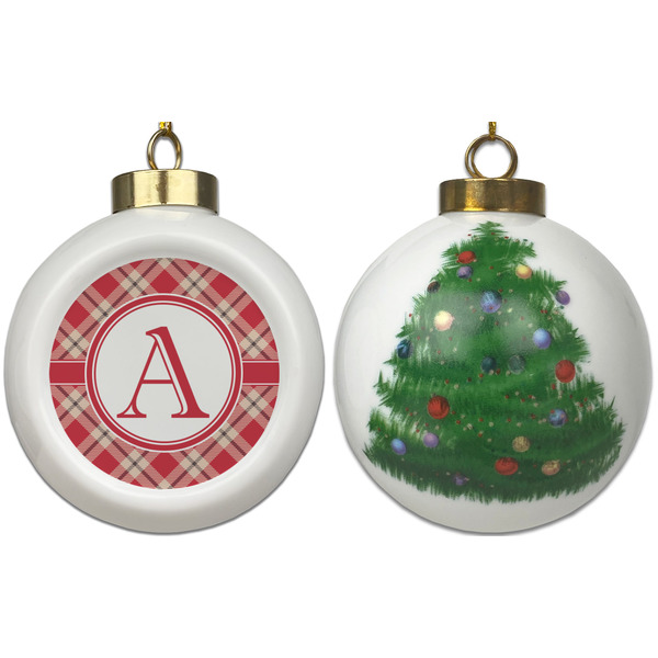 Red & Tan Plaid Ceramic Christmas Ornament - X-Mas Tree (APPROVAL)