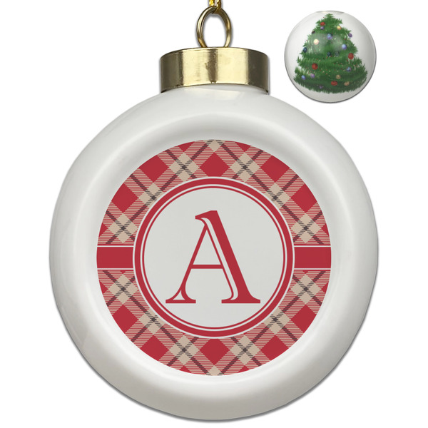 Custom Red & Tan Plaid Ceramic Ball Ornament - Christmas Tree (Personalized)