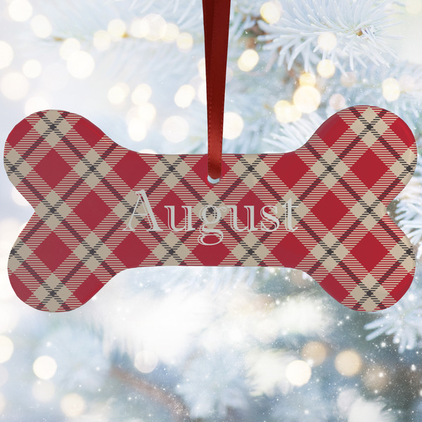 Custom Red & Tan Plaid Ceramic Dog Ornament w/ Initial
