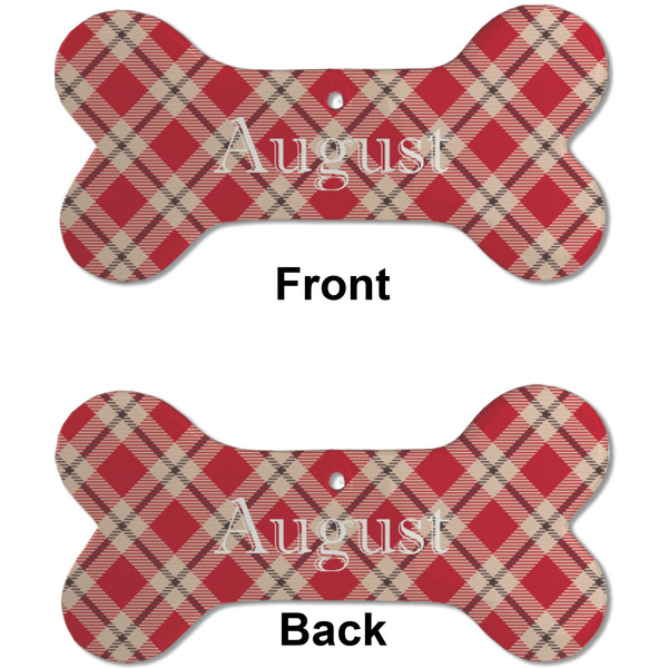 Red & Tan Plaid Ceramic Flat Ornament - Bone Front & Back (APPROVAL)