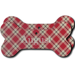 Red & Tan Plaid Ceramic Dog Ornament - Front & Back w/ Initial
