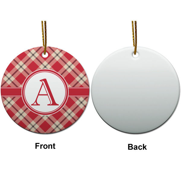 Red & Tan Plaid Ceramic Flat Ornament - Circle Front & Back (APPROVAL)