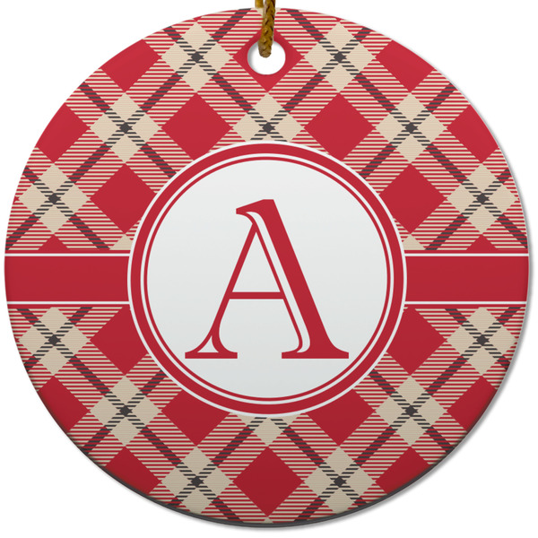 Custom Red & Tan Plaid Round Ceramic Ornament w/ Initial