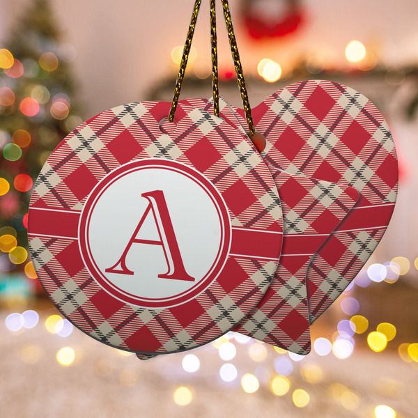 Custom Red & Tan Plaid Ceramic Ornament w/ Initial