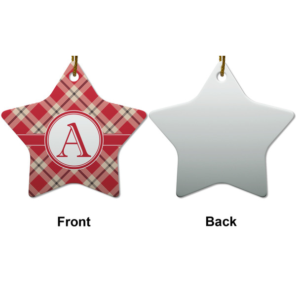 Red & Tan Plaid Ceramic Flat Ornament - Star Front & Back (APPROVAL)