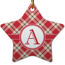 Red & Tan Plaid Star Ceramic Ornament w/ Initial