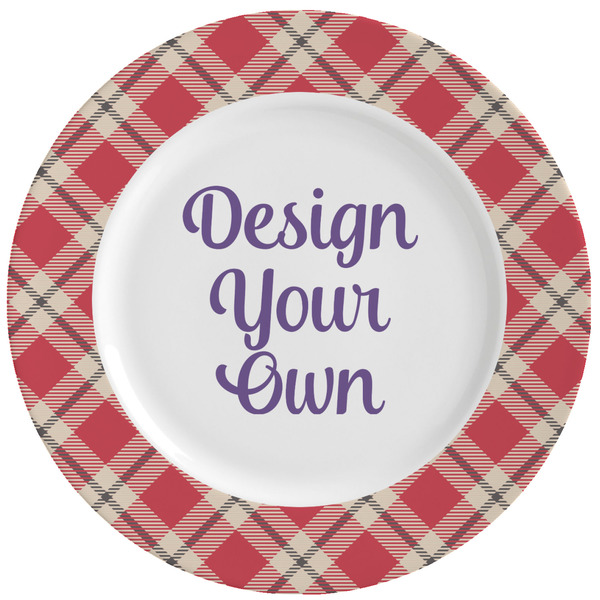 Custom Red & Tan Plaid Ceramic Dinner Plates (Set of 4) (Personalized)