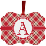 Red & Tan Plaid Metal Frame Ornament - Double Sided w/ Initial