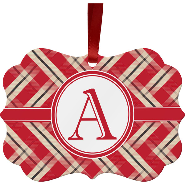 Custom Red & Tan Plaid Metal Frame Ornament - Double Sided w/ Initial