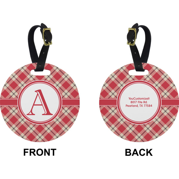 Red & Tan Plaid Circle Luggage Tag (Front + Back)