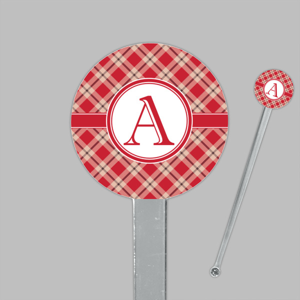 Red & Tan Plaid Clear Plastic 7" Stir Stick - Round - Closeup