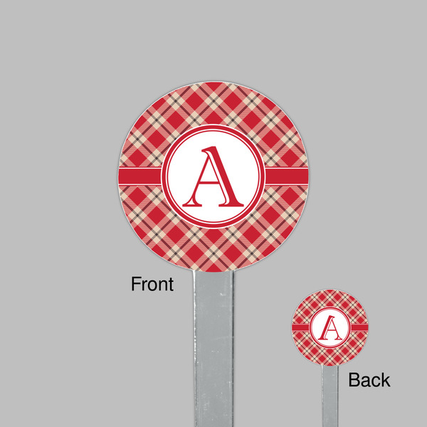 Red & Tan Plaid Clear Plastic 7" Stir Stick - Round - Front & Back