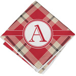 Red & Tan Plaid Cloth Cocktail Napkin - Single w/ Initial