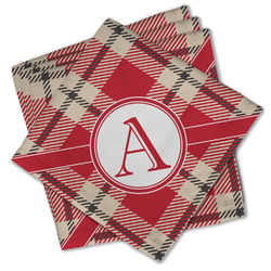 Red & Tan Plaid Cloth Cocktail Napkins - Set of 4 w/ Initial