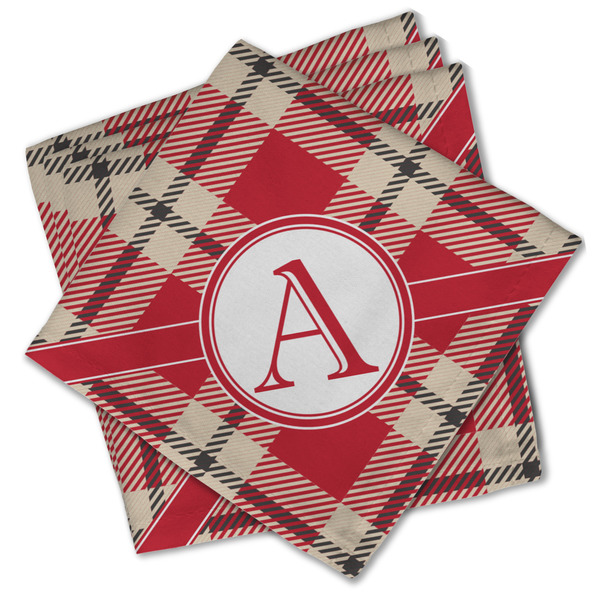 Custom Red & Tan Plaid Cloth Cocktail Napkins - Set of 4 w/ Initial