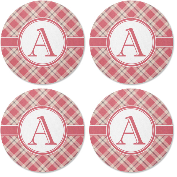 Red & Tan Plaid Coaster Round Rubber Back - Apvl