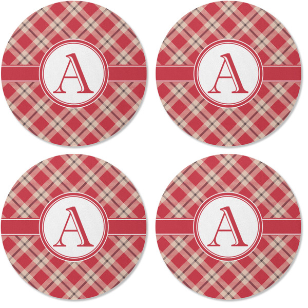 Red & Tan Plaid Coaster Round Rubber Back - Apvl