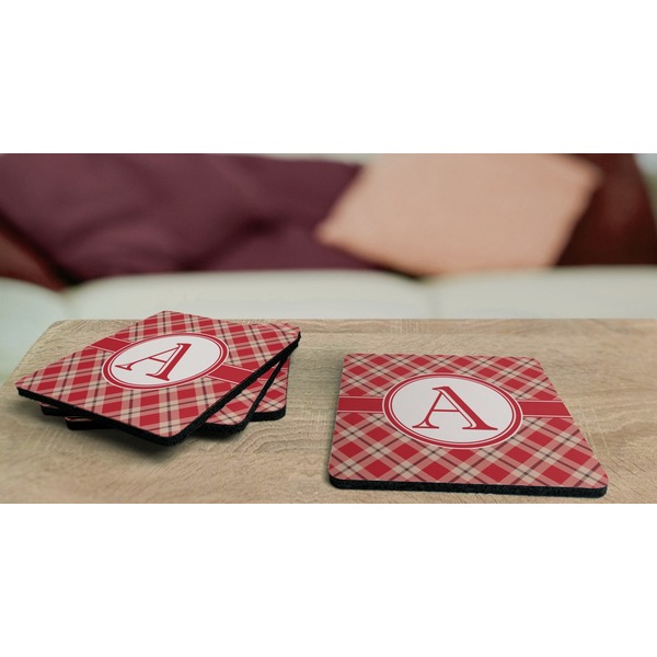 Red & Tan Plaid Coaster Rubber Back - On Coffee Table