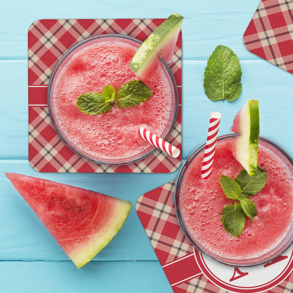 Red & Tan Plaid Coaster Set - LIFESTYLE