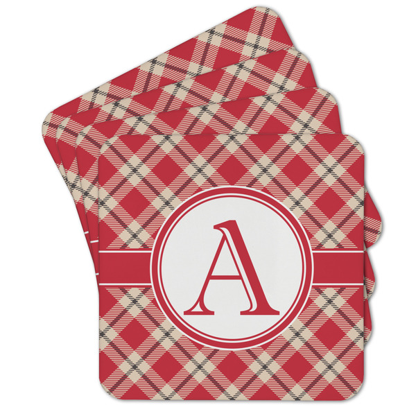 Custom Red & Tan Plaid Cork Coaster - Set of 4 w/ Initial