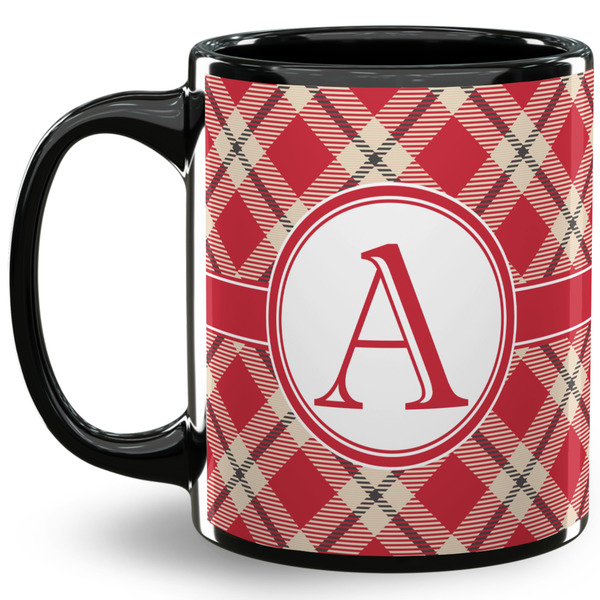 Custom Red & Tan Plaid 11 Oz Coffee Mug - Black (Personalized)