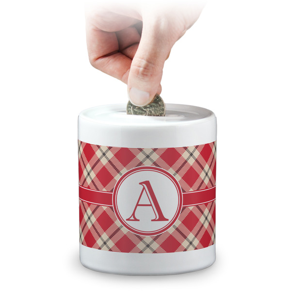 Custom Red & Tan Plaid Coin Bank (Personalized)