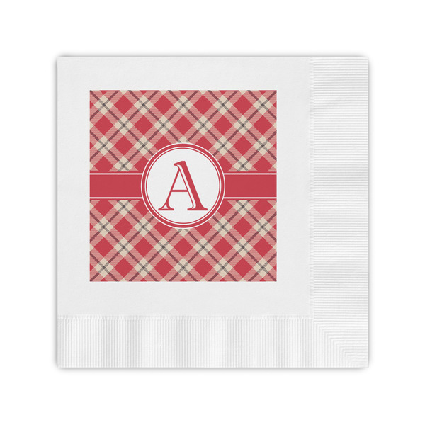 Custom Red & Tan Plaid Coined Cocktail Napkins (Personalized)