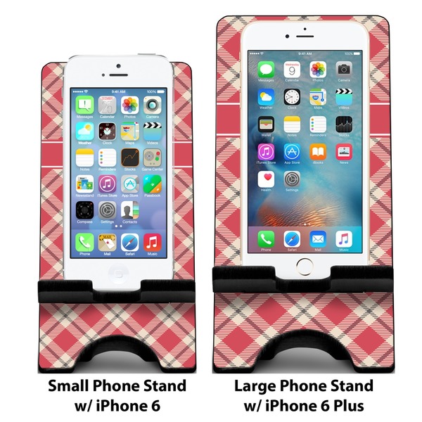 Red & Tan Plaid Compare Phone Stand Sizes - with iPhones