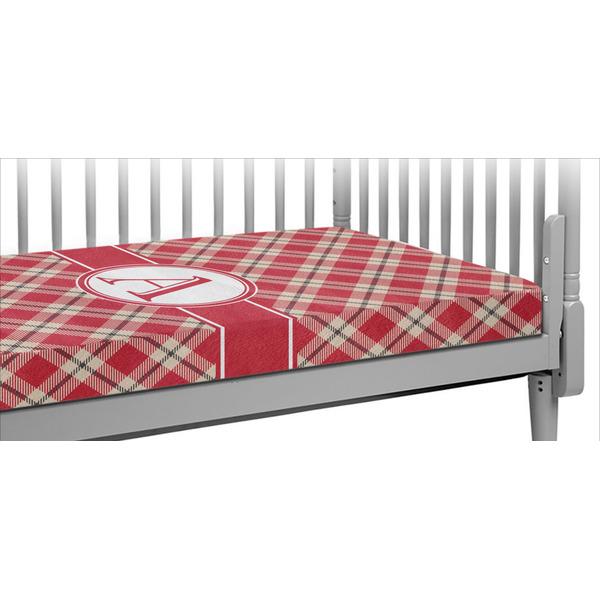Custom Red & Tan Plaid Crib Fitted Sheet w/ Initial