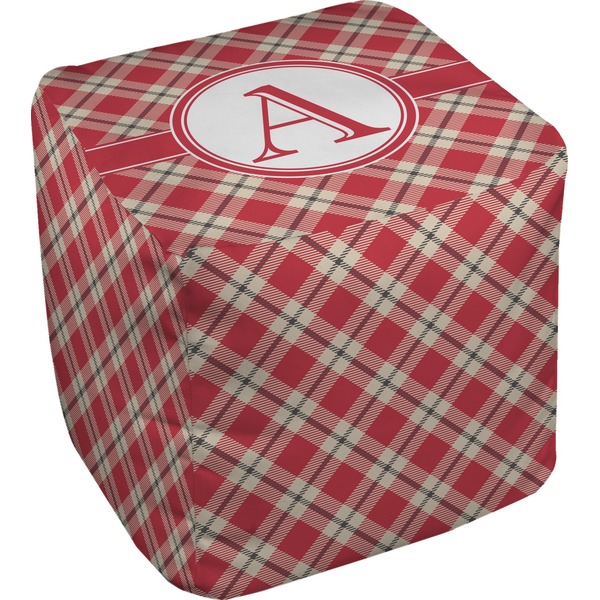 Custom Red & Tan Plaid Cube Pouf Ottoman (Personalized)
