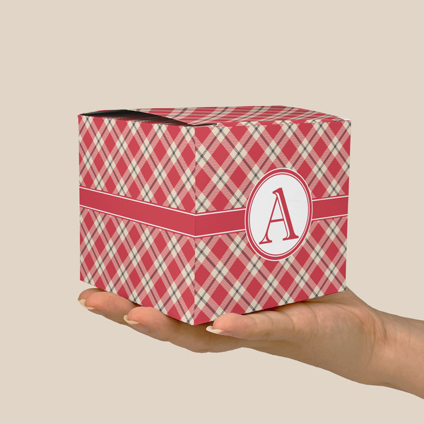 Red & Tan Plaid Cube Favor Gift Box - On Hand - Scale View