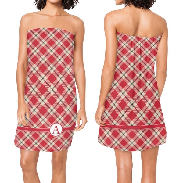 Red & Tan Plaid Custom Bath Wrap - Front & Back View