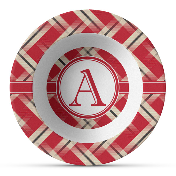 Custom Red & Tan Plaid Plastic Bowl - Microwave Safe - Composite Polymer (Personalized)