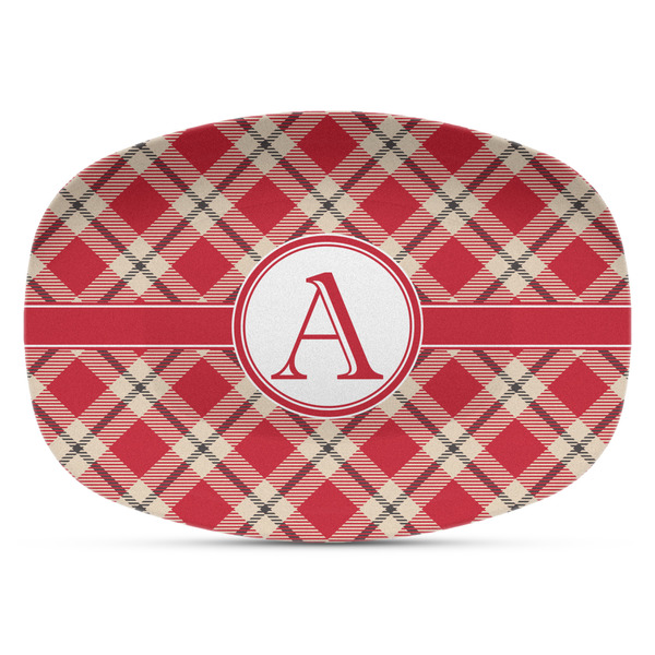 Custom Red & Tan Plaid Plastic Platter - Microwave & Oven Safe Composite Polymer (Personalized)