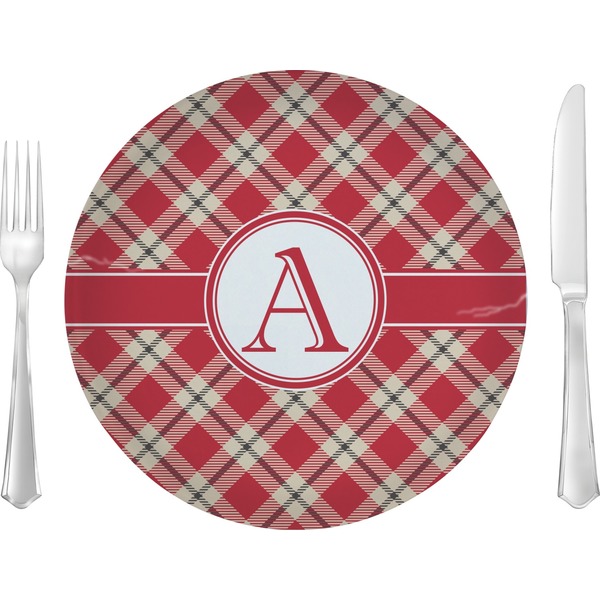 Custom Red & Tan Plaid Glass Lunch / Dinner Plate 10" (Personalized)