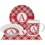 Red & Tan Plaid Dinner Set - Single 4 Pc Setting w/ Initial