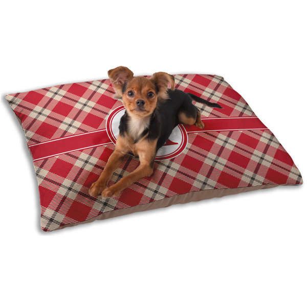 Custom Red & Tan Plaid Dog Bed - Small w/ Initial