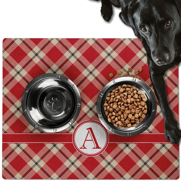 Red & Tan Plaid Dog Food Mat - Large LIFESTYLE