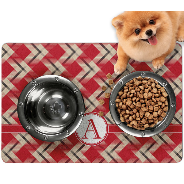 Custom Red & Tan Plaid Dog Food Mat - Small w/ Initial