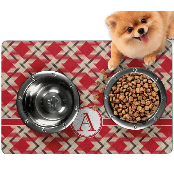 Custom Red & Tan Plaid Dog Food Mat - Small w/ Initial